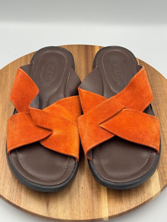TOD\'S Burnt Orange Nubuck Crossed Strap Slip On Flat Sandals Men\'s Size 9.5 main image 9